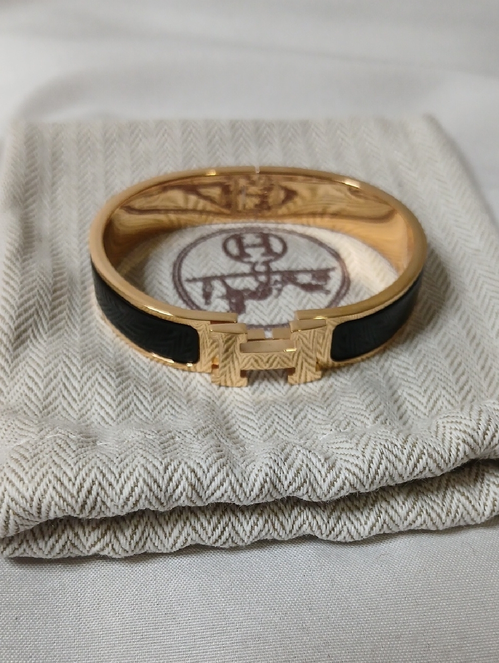 Hermes Gold and Black H-Logo Enamel Bangle